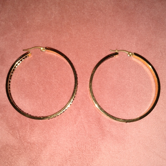 Big Gold and Black Rhinestone Hoop Earrings Sparkle CZ Crystal Channel Hoops - Picture 8 of 11